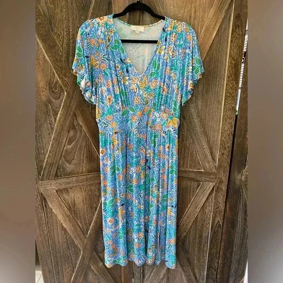 NWOT M Petite LOFT Blue Floral Fit and Flare Flutter Sleeve Spring Summer Dress - Picture 1 of 10